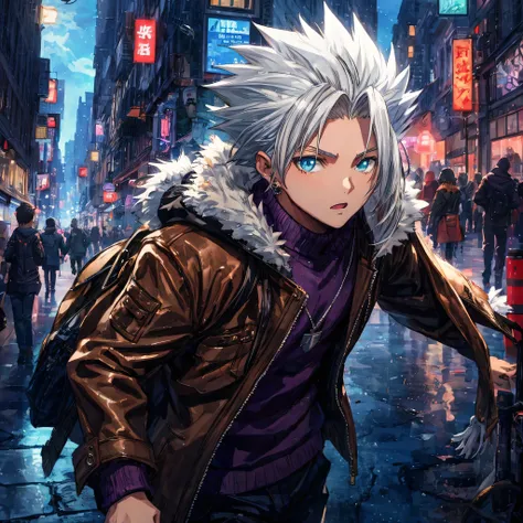 One Lean boy with Messy Brown Hair , Toshiro Hitsugaya Hair, wearing a Purple Sweater Under Jacket, Thin Build , Brown Leather Jacket with Fur Hood, Silver Jewelry Accessories, Amazing Quality, Detailed City Background, Perfect Quality, Perfect Generation,...