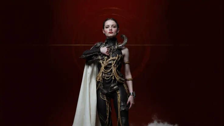 Sexy pretty girl ,tall,The body armor has black pipes and golden circuit textures,white cape,The image is a concept art piece that appears to be highly detailed and sharp. It showcases a humanoid figure made of intricate mechanical parts visible in the cen...