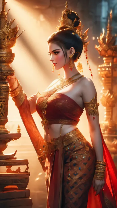 Create a sword-wielding girl warrior in 4K with plump shapes with graceful concave curves from head to toe. (Haircut1 .2) He is adorned with ancient Thai jewelry, including necklaces, bracelets, belts. She wears a single cloth (Fluke set - tube top) (Dar...