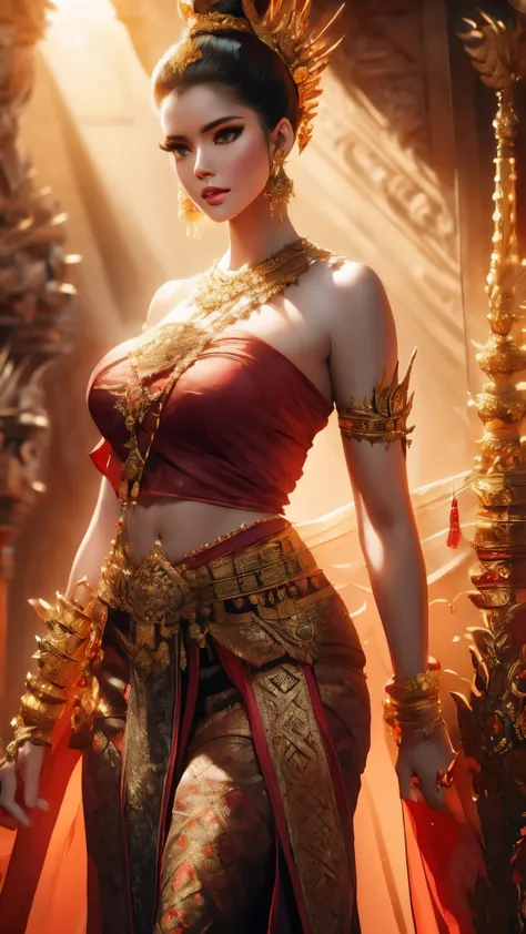 Create a sword-wielding girl warrior in 4K with plump shapes with graceful concave curves from head to toe. (Haircut1 .2) He is adorned with ancient Thai jewelry, including necklaces, bracelets, belts. She wears a single cloth (Fluke set - tube top) (Dar...