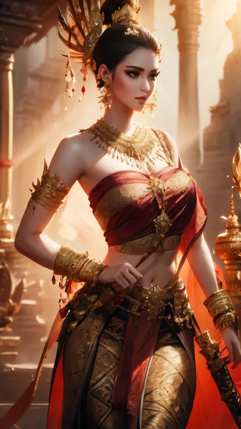 Create a sword-wielding girl warrior in 4K with beaitiful curved shapes with graceful concave curves from head to toe. (Haircut1 .2)  He is adorned with ancient Thai jewelry, including necklaces, bracelets, belts. She wears a single cloth  (Fluke set - tub...