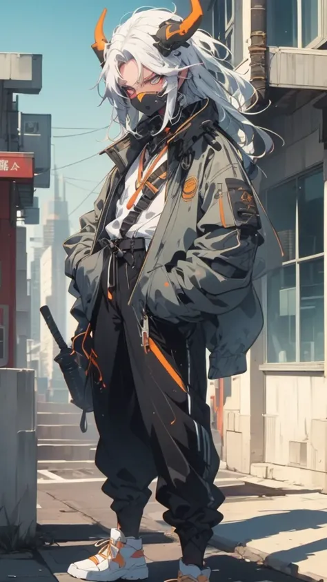 A stylish anime girl, Medium Shot, Cyberpunk female warrior with a demon mask, mask with golden accents, sharp edges, red eyes, devilish horns, The image is an illustration of a young man with white hair and blue eyes. He is standing on a set of stairs in ...