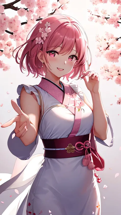 1woman, looking at viewer, cherry blossom, furisode, like a soft white chiffon dress, embroidered dress, embroidery inspired by cherry blossoms:1.5, a captivating gentle smile, eyes shimmering with a mysterious sense of happiness, one hand reaching out t...