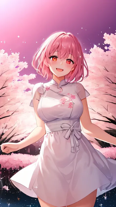 1girl, happy, short pink hair, looking at viewer:1.3, eyes is gazng to viewer:1.2, cherry blossom, furisode, like a soft white chiffon dress, embroidered dress, embroidery inspired by cherry blossoms:1.3, a captivating gentle smile, eyes shimmering with...