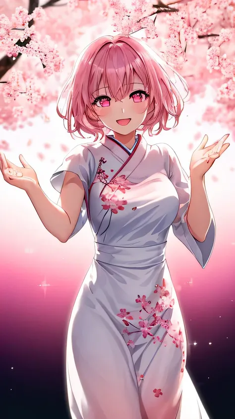 1girl, happy, short pink hair, looking at viewer:1.3, eyes is gazng to viewer:1.2, cherry blossom, furisode, like a soft white chiffon dress, embroidered dress, embroidery inspired by cherry blossoms:1.3, a captivating gentle smile, eyes shimmering with...