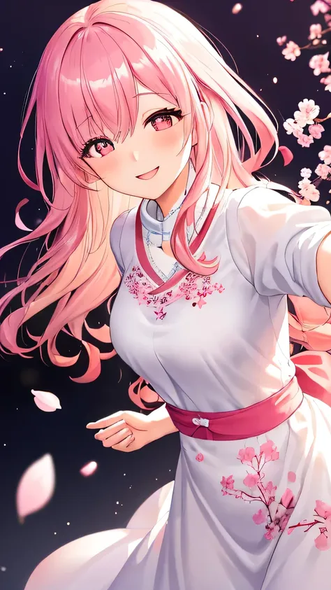 1 dreamlike woman, pink hair, facing to viewer, looking at viewer:1.3, eyes is gazng to viewer:1.2, cherry blossom, furisode, like a soft white chiffon dress, embroidered dress, embroidery inspired by cherry blossoms:1.3, a captivating gentle smile, sm...
