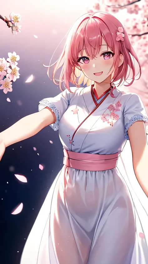 1woman, looking at viewer, cherry blossom, furisode, like a soft white chiffon dress, embroidered dress, embroidery inspired by cherry blossoms:1.5, a captivating gentle smile, eyes shimmering with a mysterious sense of happiness, one hand reaching out t...