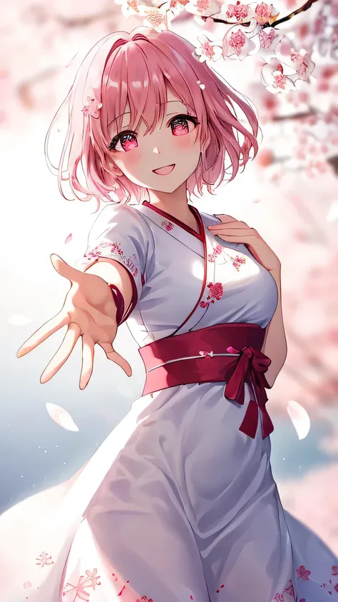 1 dreamlike woman, short pink hair, looking at viewer:1.3, eyes is gazng to viewer:1.2, cherry blossom, furisode, like a soft white chiffon dress, embroidered dress, embroidery inspired by cherry blossoms:1.3, a captivating gentle smile, eyes shimmerin...
