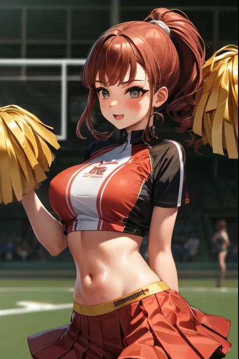 A red-haired girl , two-ponytail hairstyle, white and red sports blouse, cheerleading skirt, sexy,