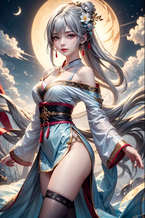 super high quality, masterpiece, Perfect illustration, Very detailed (Exquisite light and shadow, Very dramatic photo,Backlight) , ((Gray Hair:1.5))1 girl, alone, (Wearing Han clothes, Royalty、Black and white Hanfu,Thick fabric,Long sleeve) Flower Field, F...