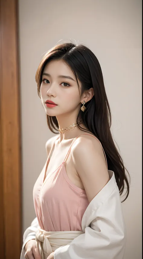 1 Realistic beautiful girl, Waist length hair, Black eyes, Ancient Audai, Style Hanfu, Wearing an ancient Chinese silk shirt, Pink and smooth white skin, Dressed in a low-key antique Audai, appears shoulders and head in the photo,Cute little face, Eye bags...