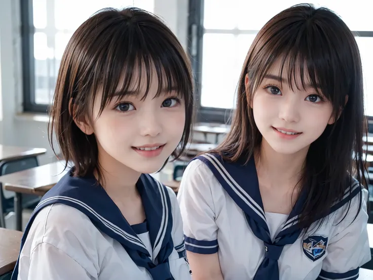 ((Two girls standing side by side)), ((sailor suit)), (two girls), (((The girl on the left has large breasts, The girl on the right has small breasts:1.4, The girl on the left has short hair, The girl on the right has long hair, The girl on the left has a ...