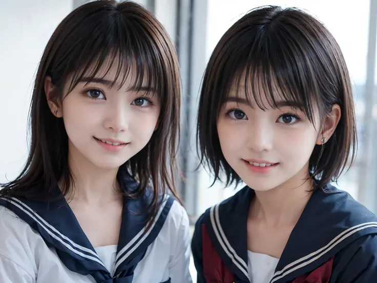 ((Two girls standing side by side)), ((sailor suit)), (two girls), (((The girl on the left has large breasts, The girl on the right has small breasts:1.4, The girl on the left has short hair, The girl on the right has long hair, The girl on the left has a ...
