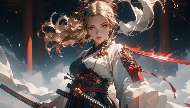 anime beautiful girl,with a katana in hand,bright colors,maximum details,long hair,fluttering in the wind,dark atmosphere,Feel the Power,Image of the Ancient Warrior,Beautiful Appearance,ultra detail,top quality,8k wallpaper