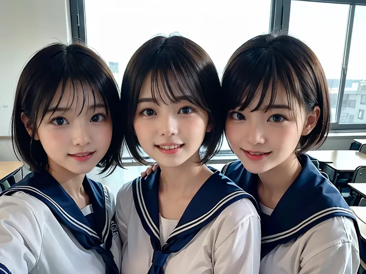 ((Two girls standing side by side)), ((sailor suit)), (two girls), (((The girl on the left has large breasts, The girl on the right has small breasts:1.4, The girl on the left has short hair, The girl on the right has long hair, The girl on the left has a ...