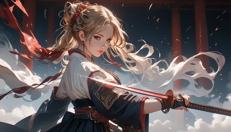 anime beautiful girl,with a katana in hand,bright colors,maximum details,long hair,fluttering in the wind,dark atmosphere,Feel the Power,Image of the Ancient Warrior,Beautiful Appearance,ultra detail,top quality,8k wallpaper long shot (FULL)