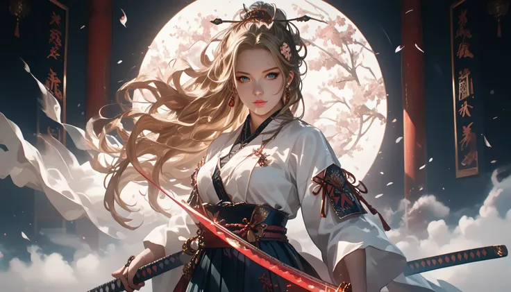 anime beautiful girl,with a katana in hand,bright colors,maximum details,long hair,fluttering in the wind,dark atmosphere,Feel the Power,Image of the Ancient Warrior,Beautiful Appearance,ultra detail,top quality,8k wallpaper long shot (FULL)