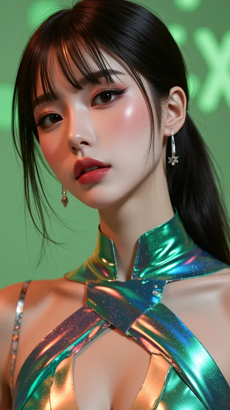 80’s glam rock makeup on shiny face, asian girl, anime, 2.5D, moody lighting, (green, pink, gold), pretty, sexy, minimal, sleek, slender, asian, elegant, futuristic, retro, sophisticated half human half machine, Kizi,(eyes looking off to side), Highly deta...