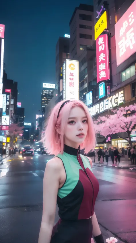  A Cyberpunk-style 《Naruto》Haruno Sakura standing in a holographic view of New Tokyo，for a large foreign space, neon kanji advertisement。Her long pink hair emits a bio-fluorescent-like streaming light，flickering in sync with falling digital petals，featurin...