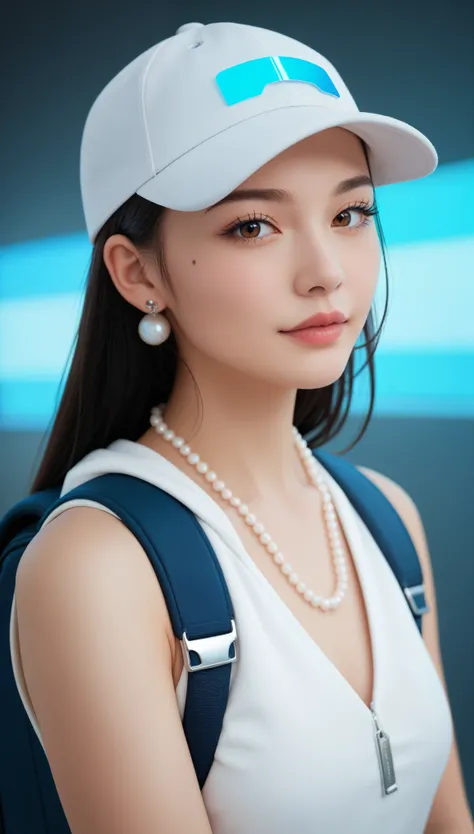 A realistic anime-style portrait of a single girl with long black hair, wearing a gray baseball cap. She has brown eyes, a beauty mole near her nose, and a subtle lip piercing. She gazes directly at the viewer with a soft, confident expression. She’s weari...