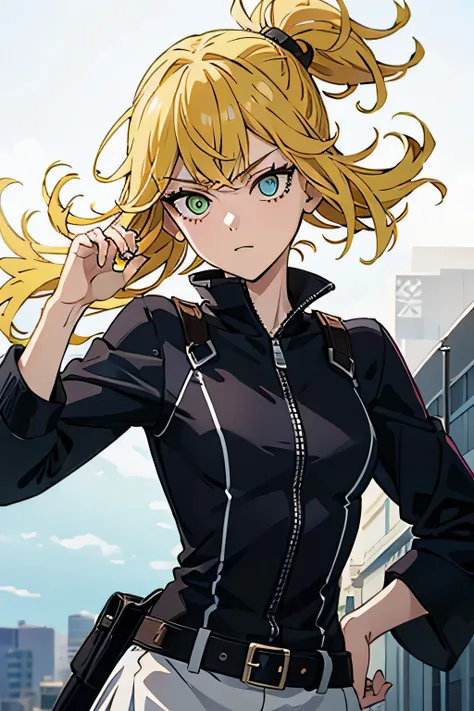 18 year old woman , tiny body, yellow hair with red bleaching, red right eyeball, blue left eyeball, wearing a yellow women's war outfit, wearing a white skirt, tiny, strong , front facing , HD, Half body , an Anti-Hero