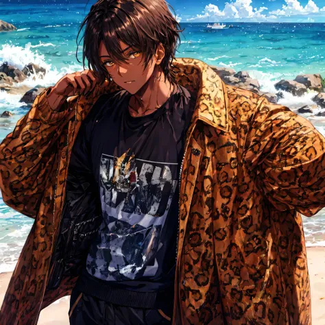 One lean boy , Caramel Dark Skin , Streetwear Clothing, Leopard Print Overcoat, Baggy Clothing, Golden Eyes,Perfect Eyes, Beach Background, Solo, Amazing Quality
