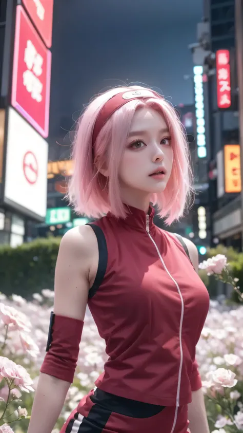  A Cyberpunk-style 《Naruto》Haruno Sakura standing in a holographic view of New Tokyo，Neon kanji on the other side of the world。Her long pink hair emits a bio-fluorescent-like streaming light，flickering in sync with falling digital petals，in a high-tech kim...