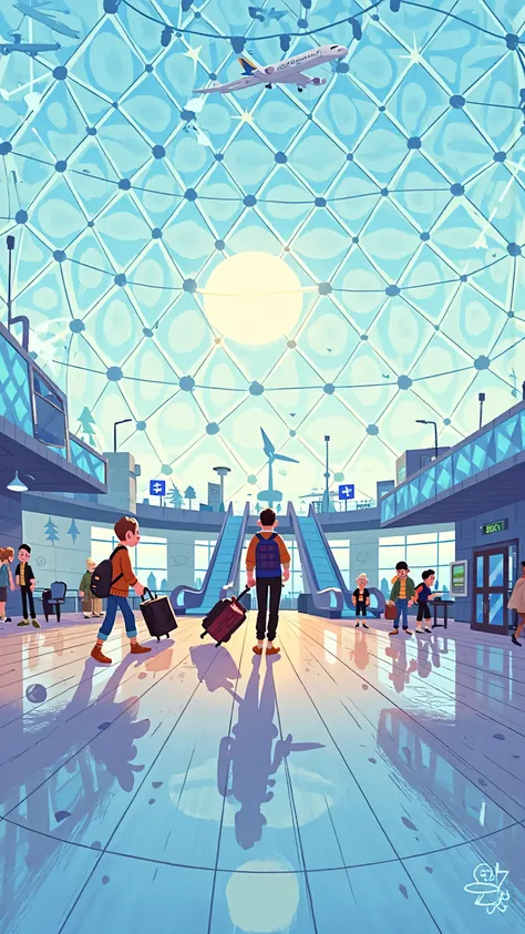 Front of the lens,Upward shooting angle,The spectacular dome of a modern airport terminal in the off-season of tourism。, the camera captures,highlight the geometric beauty of the steel-framed glass dome,The sun shines through the diamond-shaped glass formi...