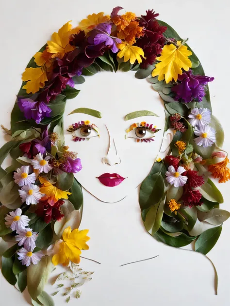 Autumn leaf crafts, girl made of flowers, portrait, 