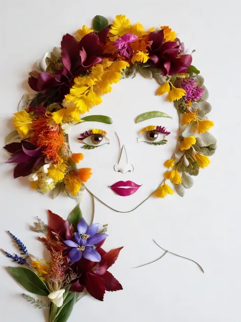 Autumn leaf crafts, girl made of flowers, portrait, 