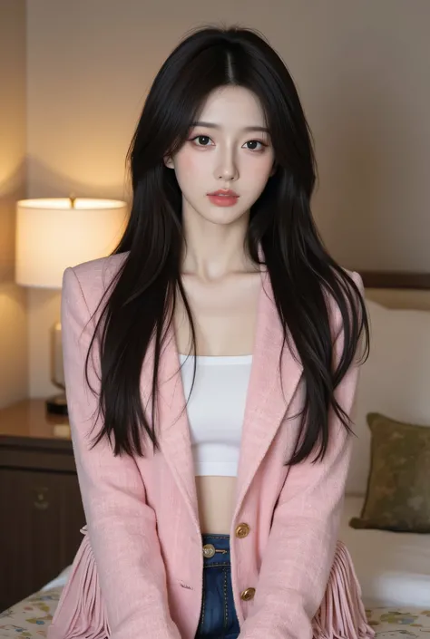 A beautiful Korean woman in her 20s, long black hair with outward curls at the ends, thin see-through bangs, small face, V-line jaw, large eyes, clear porcelain skin, natural makeup, K-pop idol style, sophisticated atmosphere, wearing a pink tweed jacket w...