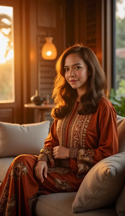 A breathtaking woman with a Wavy hair, wearing a Baju Kurung With Batik Design posing elegantly inside a softly lit traditional Malay house. The warm glow of sunset filters through wooden window panels, casting a golden hue on her flawless skin. She is sea...