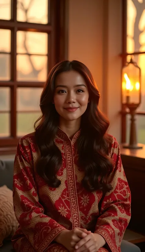 A breathtaking woman with a long wavy hair without any headwear, wearing a Baju Kurung With Batik Design posing elegantly inside a softly lit traditional Malay house. The warm glow of sunset filters through wooden window panels, casting a golden hue on her...