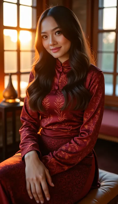 A breathtaking woman with a long wavy hair without any headwear, wearing a Baju Kurung With Batik Design posing elegantly inside a softly lit traditional Malay house. The warm glow of sunset filters through wooden window panels, casting a golden hue on her...