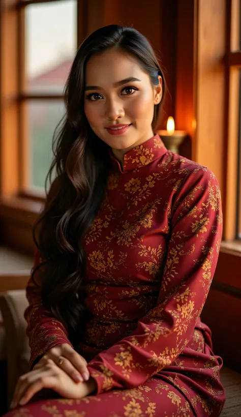 A breathtaking woman with a long wavy hair without any headwear, wearing a Baju Kurung With Batik Design posing elegantly inside a softly lit traditional Malay house. The warm glow of sunset filters through wooden window panels, casting a golden hue on her...
