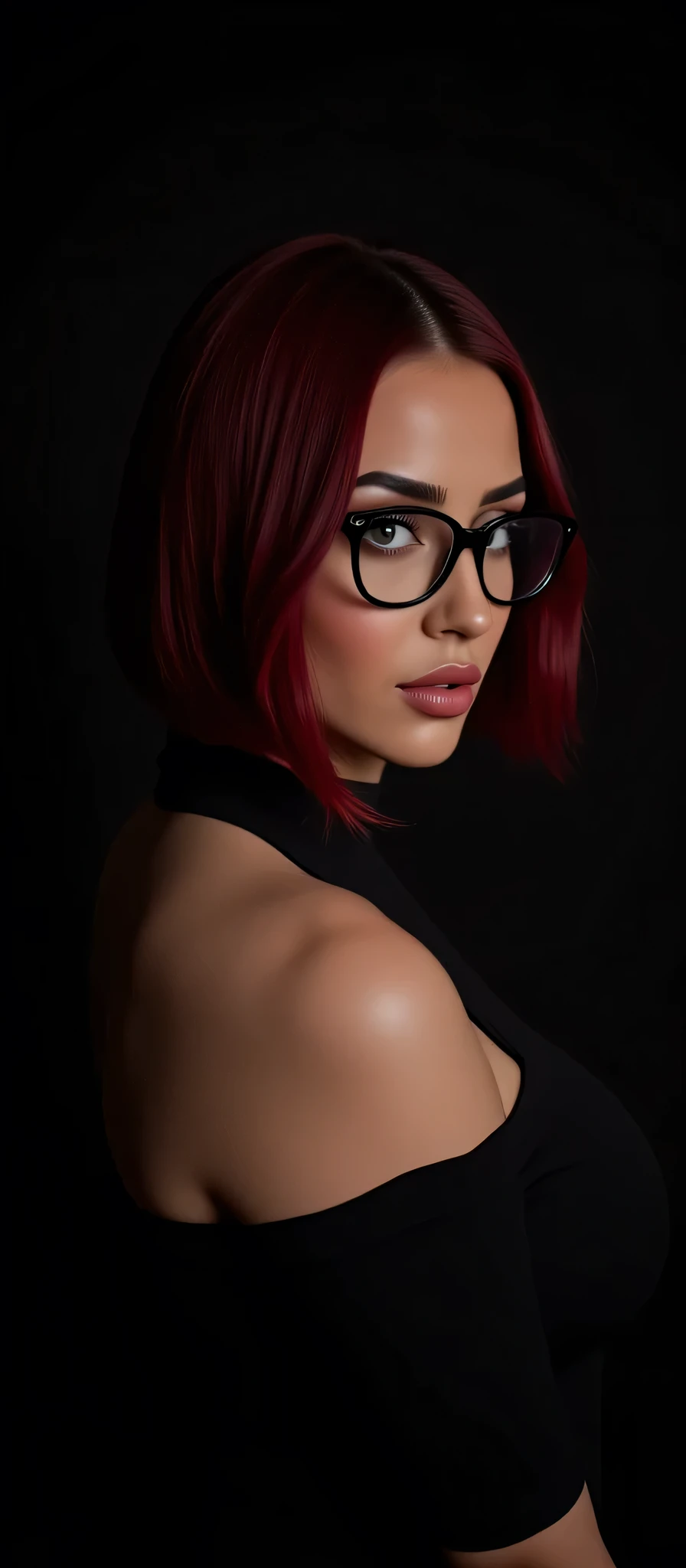adult girl, dark red hair, short hal hairstyle, glasses, mesmerizing look into the camera, Sexy pose, thick black background