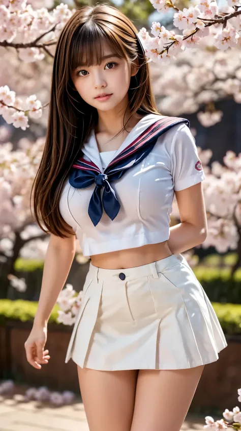 (high school girl sailor uniform:1.4),shirt,red tie,Cardigan,navy blue blazer,(Best Quality),((very detailed)),4K,(8k),masterpiece,very detailed,Best Quality, super resolution, sexy, 1 girl,1 person,152cm,(Background-Cherry Blossom Trees:1.4),very pretty f...