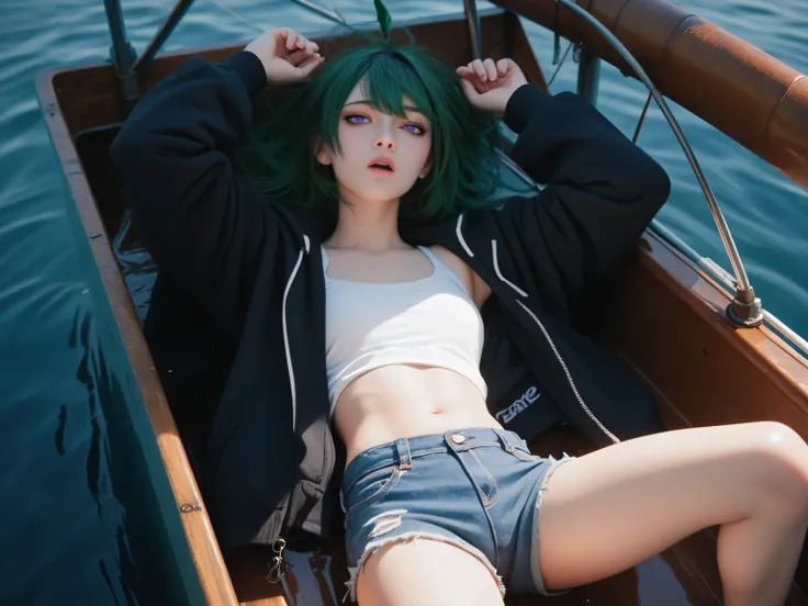 high image quality、high quality DVD、Boat、high school student、 green hair、Purple Eyes、 beautiful eyes、 small 、jeans shorts、belly button stick、jacket、orgasm