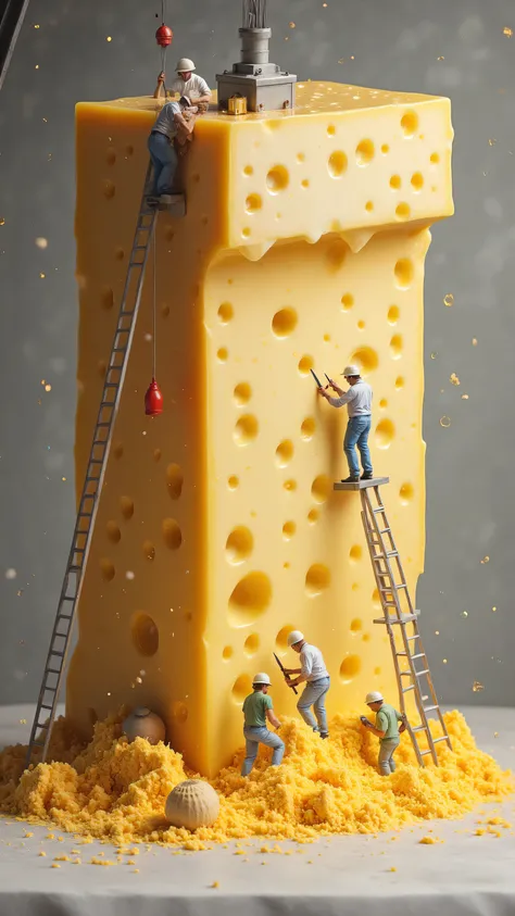 Microscopic dairy processing realism, 8K industrial-grade details: Giant cheese block with alveolate structure and lipid sheen, miniature workers operating folding ladders with specialized knives, overhead industrial grater suspended by crane, golden chees...