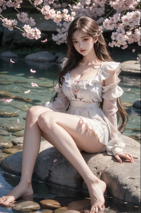 dress, bouffont dress, transparent long sleeves, daisies, cherry, ,,((photorealistic)), ((masterpiece)), (ultra-detailed), (high quality), beautiful young woman, (Full breasts, visible cleavage), (Very short hemline, revealing smooth thighs), (Correct and ...