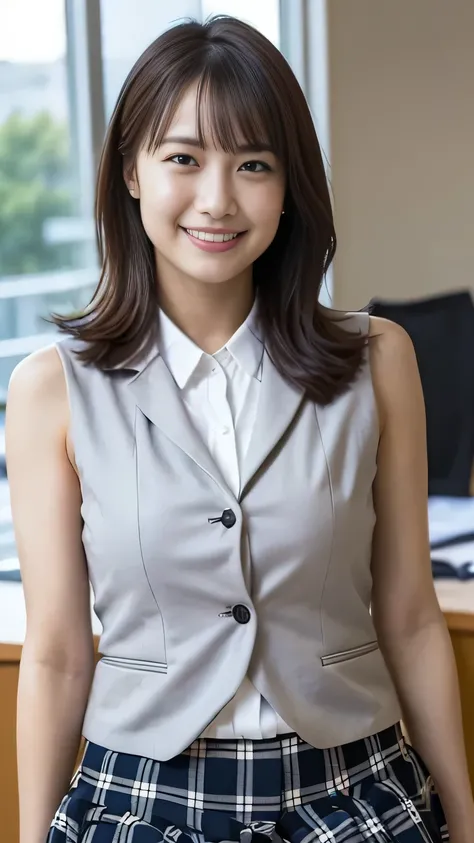 (Photorealistic), (Genuine:1.4), 1With a girl、very cute girl, A shy smile, Plaid Vest, Skirt and thighs, office room, Working at an office desk, realistic skin texture, Shiny Skins, exposed thighs,(Business Service), (very nice smile:1.2)