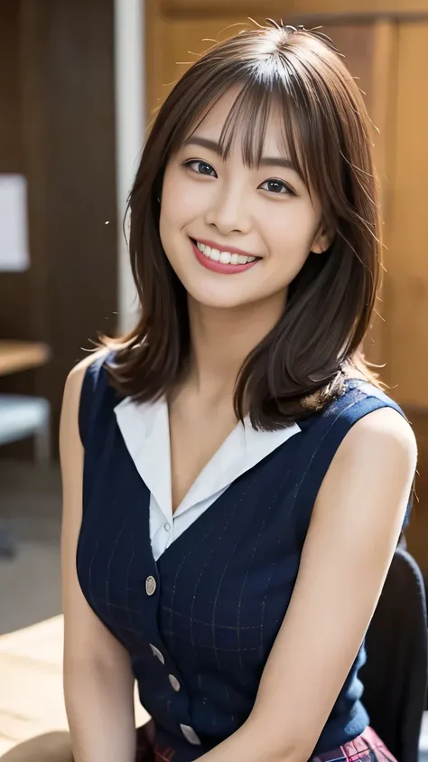 (Photorealistic), (Genuine:1.4), 1With a girl、very cute girl, A shy smile, Plaid Vest, Skirt and thighs, office room, Working at an office desk, realistic skin texture, Shiny Skins, exposed thighs,(Business Service), (very nice smile:1.2)