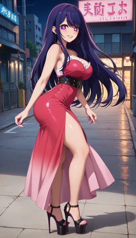 ((masterpiece, high resolution, better quality, better details)), ((Ai Hoshino)), ((Smiling)), a woman, urban park landscape, sexy mini dress, ((big neckline)), ((platform high heels pumps)), purple eyes with black outline, symbol-shaped pupils, (purple ha...