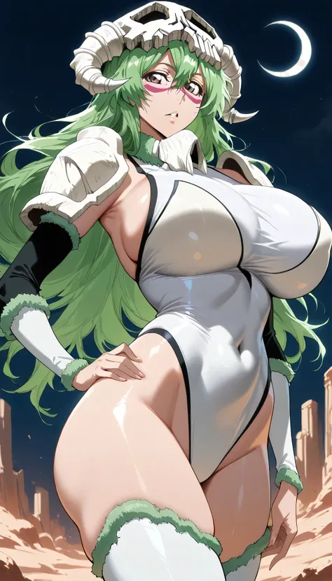 Nelliel_Tu_Odelschwanck (Bleach), Masterpiece, top-quality, perfect anatomically, correct anatomy, sharp focus, 4K, 8K, highres, 1girl, solo, beautiful face girl, green hair, long hair, wavy hair, hair between eyes, hazel eyes, detailed eyes, eyelash, emot...