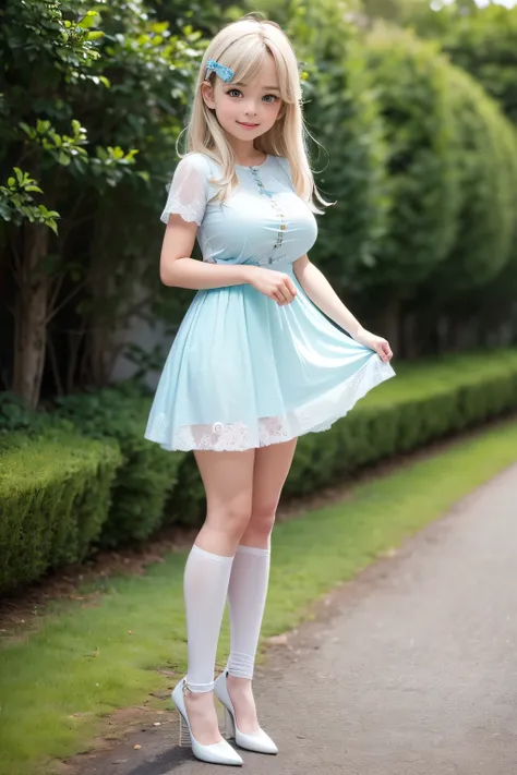Best quality, full body focus, full body shot, perfect face, soft light, ultra high res, 8k, Masterpiece, , , view the viewer, full body , Front view, (1girl:(loli:1.5), , Cute face, (blue eys:1.5), (Light Blonde long:0.7 hair, Bangs), beautiful (Big breas...