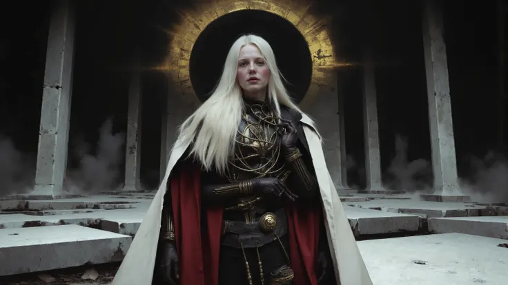 Beautiful girl with long white hair, face the camera head-on,tall,The body armor has black pipes and golden circuit textures,white cape,The inside of the cape is red,are in reverse,wide-angle lens from the top,The image is a concept art piece that appears ...