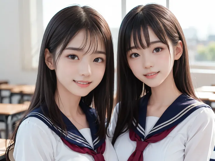 ((Two girls standing side by side)), ((sailor suit)), (portrait), (((The girl on the left has large breasts, The girl on the right has small breasts:1.4, The girl on the left has short hair, The girl on the right has long hair, The girl on the left has a c...