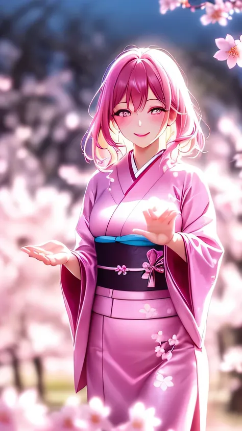 1 fantastic woman like incarnation of cherry blossoms:1.3, pink hair, looking at viewer:1.3, eyes is gazng to viewer:1.2,  cherry blossom, furisode,  embroidery inspired by cherry blossoms, a captivating gentle smile, eyes shimmering with a mysterious sens...