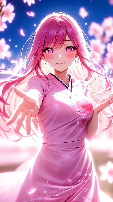 1 translucent woman like fairy:1.3, pink hair, looking at viewer:1.3, eyes is gazng to viewer:1.2,  cherry blossom, furisode like chiffon dress,  embroidery inspired by cherry blossoms, a captivating gentle smile, eyes shimmering with a mysterious sense of...