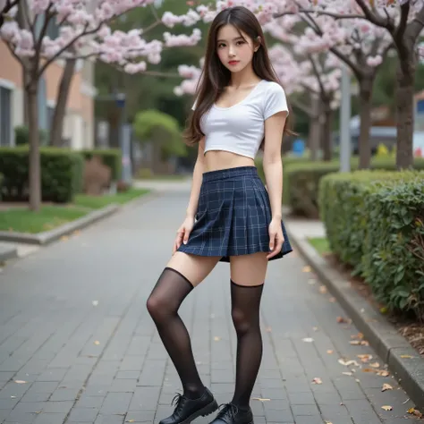 18 years old korean cute very pretty face girl with brunnette very long hair is dressed in a dark blue plaid mini skirt very short as we can see her white underwear panties, she is posing in a very sexy pose, we can see her legs in black nylon knee socks, ...